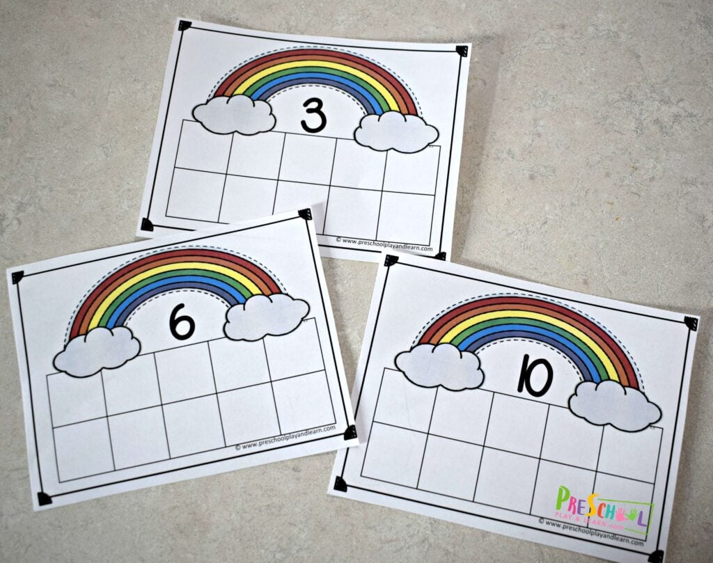 Cut apart the rainbow 10 frame cards; there are 4 per page.