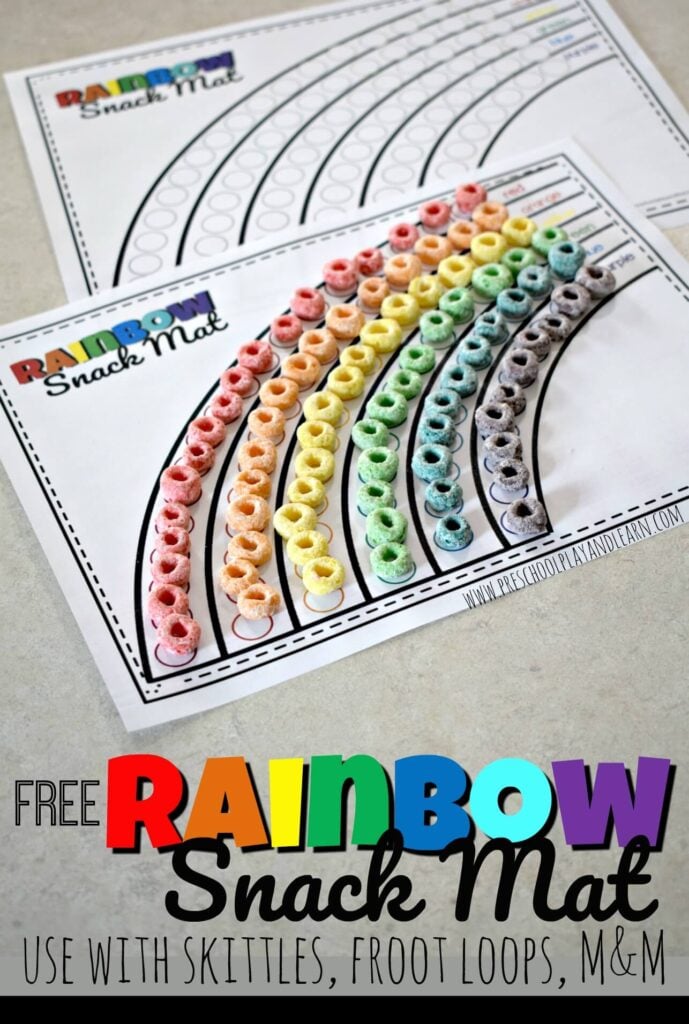 FREE Rainbow Snack Mat - build a rainbow with fruit loops, skittles, M&Ms, and more