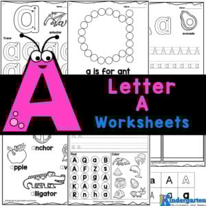 Make practicing writing letters fun and EASY with free printable alphabet worksheets! Here is a set 20 pages of letter a worksheets for Kindergarten! In this pack are various ways for kindergartners to work on letter a practice! Simply print the kindergarten letter a worksheet page that works best for your students. The free printable letter a worksheet pages include a huge variety including: do-a-dot printables, tracing upper and lowercase letter A, writing a worksheet, letter a sound review, roll and write, find and color, cut and paste, plus lots’s more!