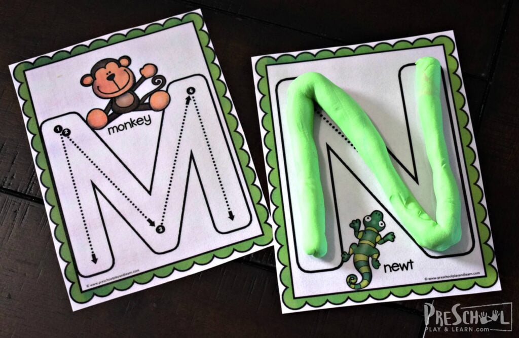 Use these alphabet playdough mats to make letter m is for monkey and letter n is for newt