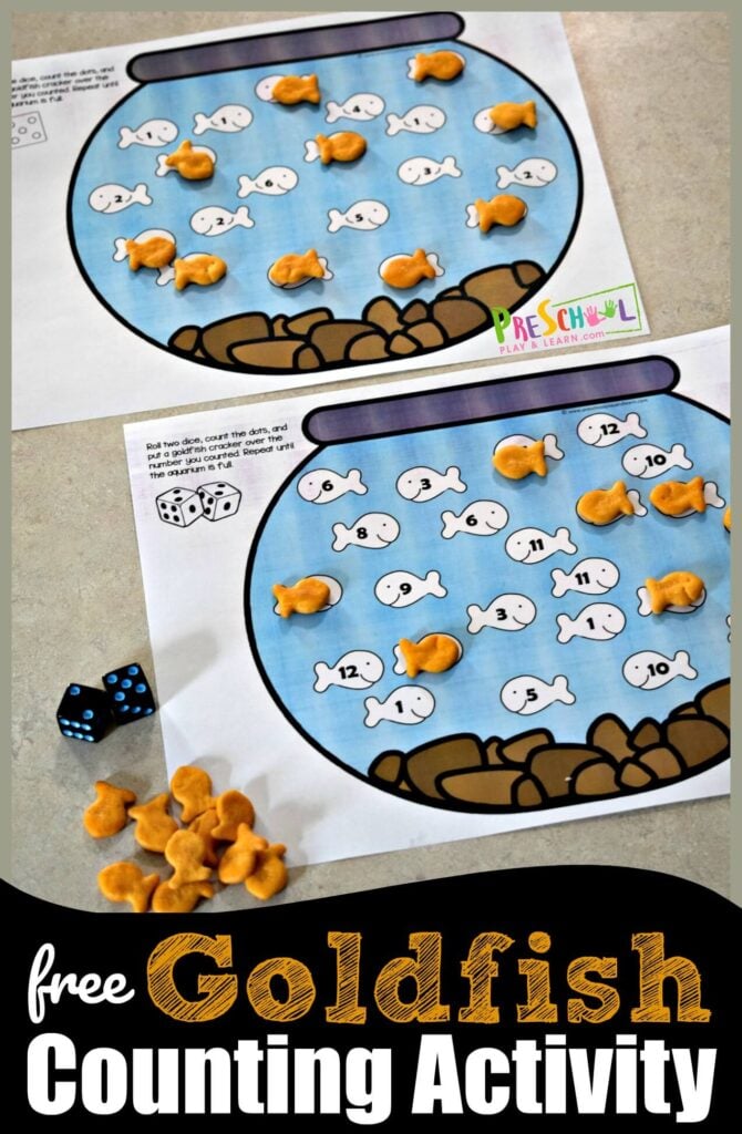 If you are practicing counting to 12, you will love this free printable goldfish activity!  This goldfish counting activity is a fun, hands on way for toddler, preschool, pre-k, and kindergarten age students to count to 10.  Simply print pdf file with goldfish counting worksheet and grab a handful of fish crackers and you are ready for a goldfish math your kids will love! This goldfish activities for preschoolers is a hands-on math activity kids will ask to play again and again!
