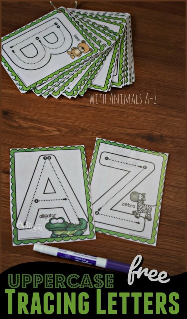 Make practicing alphabet tracing fun with these super cute, free printable animal alphabet cards. There are 26 cards, each featuring animals A to Z. Toddler, preschool, pre k, and kindergarten age students will love this uppercase letter tracing activity.  Use these as a trace and erase activity or use these alphabet mats with play dough.