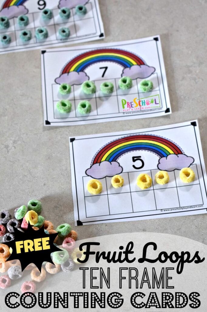 Help preschool, pre-k, and kindergarten age kids practice counting to 10 with this super cute, free printable, Ten Frame Activity. This preschool math activity helps children practice how to count to 10 using fruit loops, skittles, or M&Ms using a cute rainbow printable 10 frame.  This is such a fun, hands on counting activities for preschoolers. Simple print pdf file with rainbow printables and you are ready to play and learn!