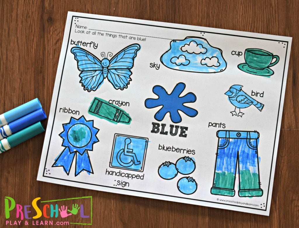 Learning Colors with free printable color worksheets; pictured color blue to and students use crayons, markers, colored pencils, and gel pens to color butterfly, sky, cup, bird, pants, blueberries, handicapped sign, ribbon, and crayon