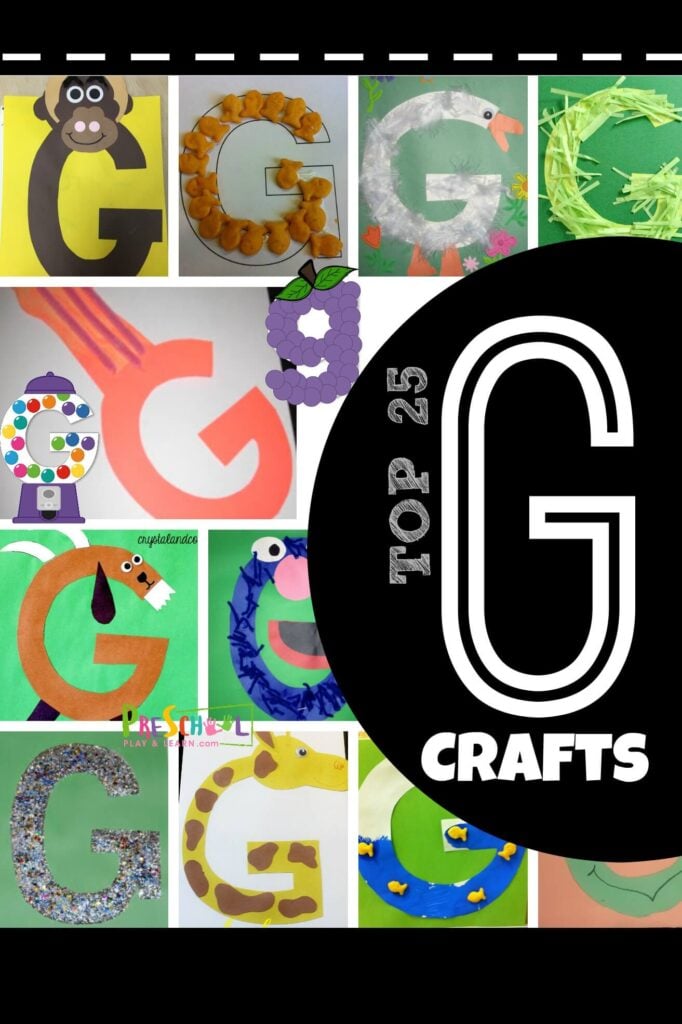 LOTS of adorable alphabet crafts in this TOP 25 Letter G Crafts for toddler, preschool, pre-k, and kindergarten age kids students. From gorilla, goldfish, goose, grass, gumball, grapes, grove, giraffe, glitter, and more - which letter G craft will you try first?