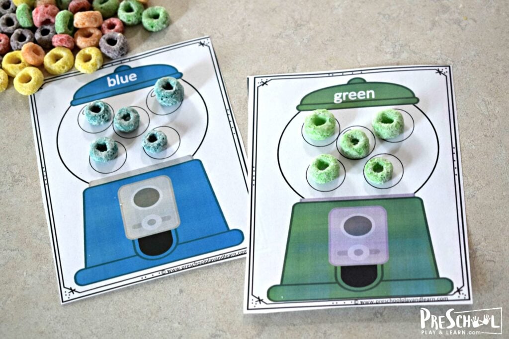 This is a fun activity to learn preschool colors with fruit loops and gumball printables