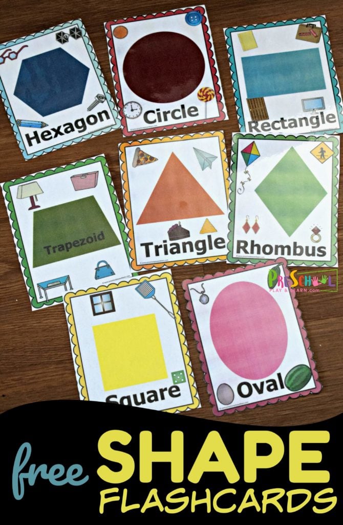FREE Shape Flashcards have so many ways to help toddler, rpeschool, and kindergarten age kids learning shapes including a shape scavenger hunt #shapes #preschool #preschoolmath