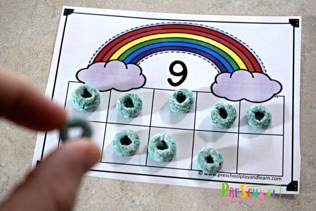 use fruit loops to practice counting to 10 on these ten frame cards on rainbow worksheets for kindergartners and preschoolers