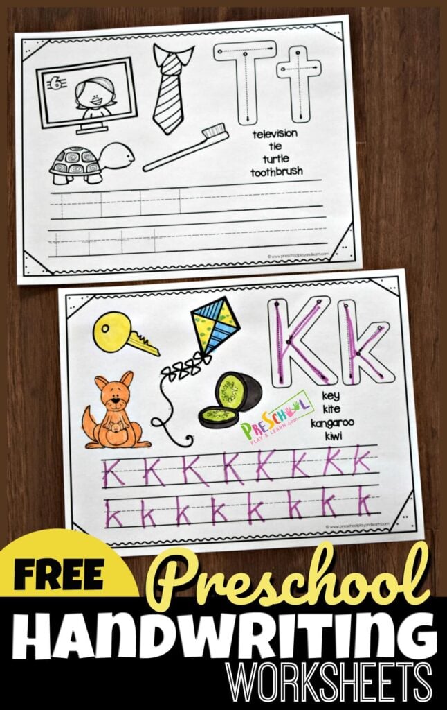 FREE Preschool Handwriting Worksheets - super cute printable alphabet worksheets to help prek, kindergarten, and preschoolers practice tracing letters in combination with beginning sounds coloring pages #handwriting #alphabet #preschool