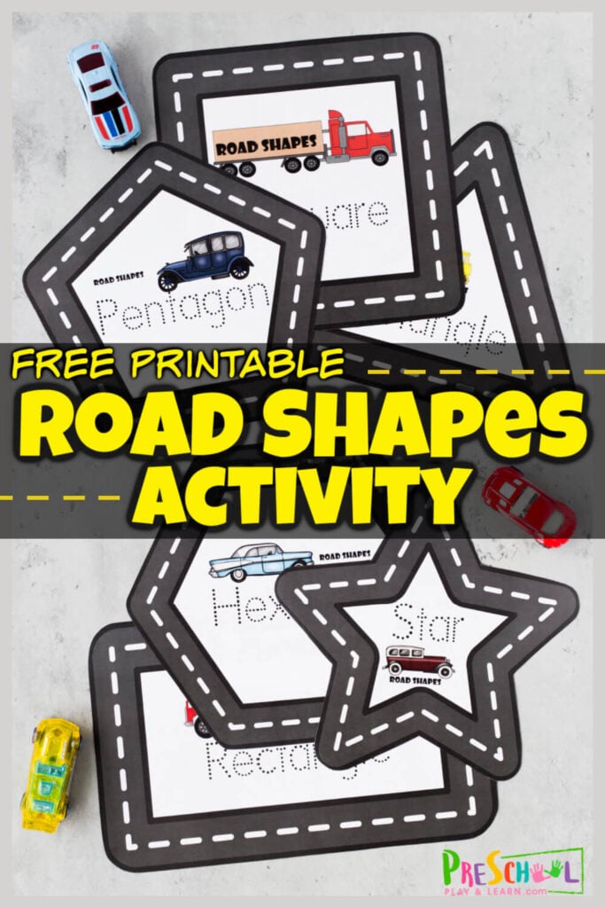 This outrageously fun shape activity for preschoolers uses our free printable road shape mats to practice making shapes and learning shape names too! The tracing shapes activity uses a hot wheel car to trace shape using these free printable Road Shape Mats. This learning shapes is such a fun, hands-on shape activities for kindergarten, pre-k, preschool, and toddler age students. Simply print pdf file with shape printables and you are ready to play and learn with this car activity for toddlers.