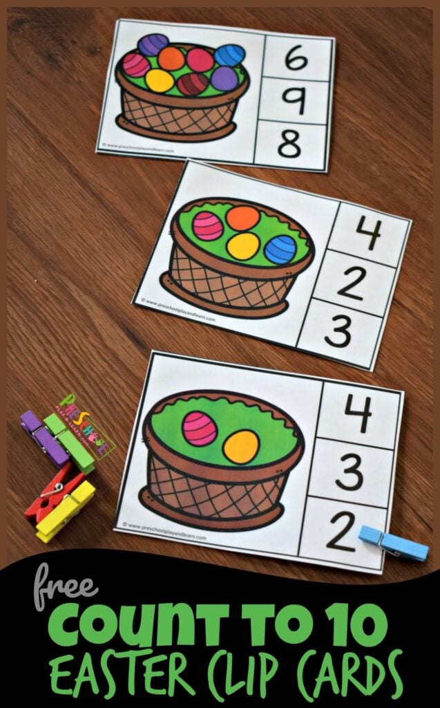 If you are looking for a fun Easter Counting Activity to practice counting to 10 you are going to love these free printable Count and Clip Cards. This easter activity for preschoolers has toddler, preschool, and pre-k chidlren count the number of pretty Easter Eggs in the basket and clip the numeral they counted. Simply download pdf file with Easter printables for preschoolers and you are ready to play and learn with Easter Math.