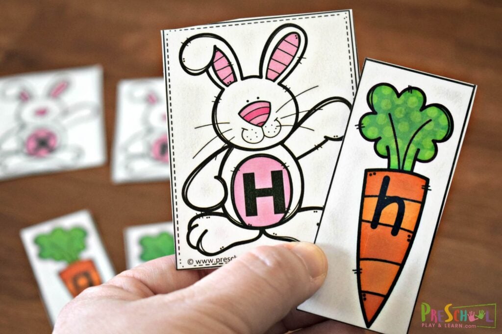 In this Easter alphabet game practice matching the uppercase letter bunny with his lowercase carrot