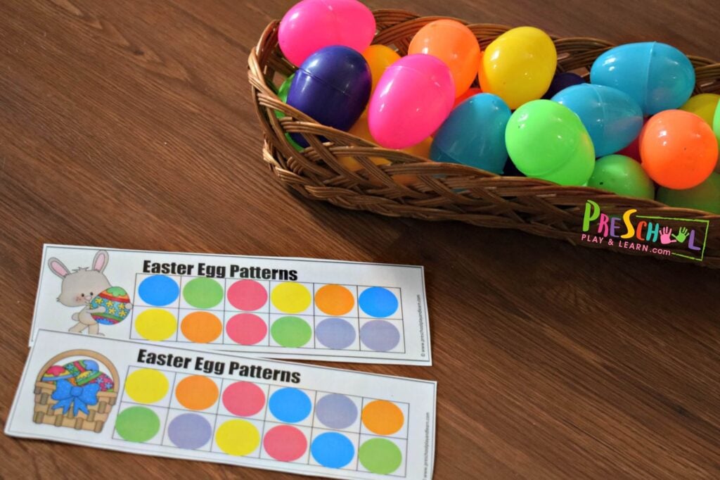 Set out Easter patterns for kids printable with plastic Easter eggs and you are ready for this hands on math activity for kindergarten and preschoolers