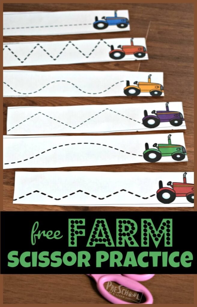 Kids will have fun practicing using kids scissors print pdf file with farm printables and you are ready to play and learn with this farm activity for preschoolers.