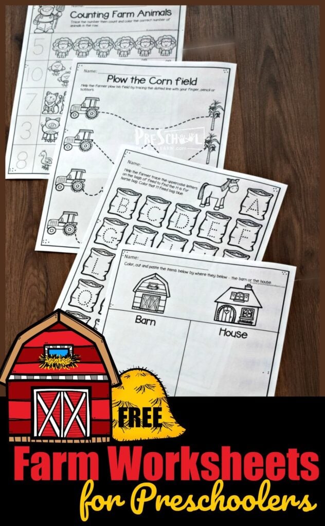 Make learning fun with these super cute farm worksheets preschool! These preschool farm activities free are a great way for pre-k and kindergarten age children to practice counting, writing numbers, alphabet tracing, color recognition, and so more while having fun with a farm theme! Simply print pdf file with free printable farm worksheets for preschoolers and you are ready to play and learn!