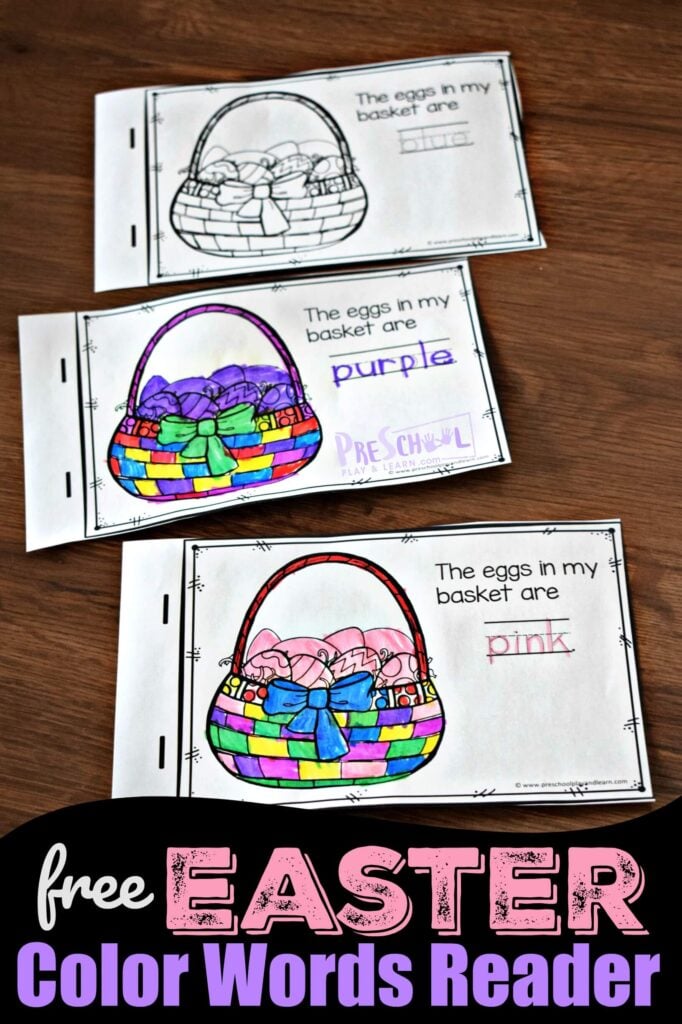 Practice color recognition and color words with this preschool easter worksheets that turns into a reader about colorful eggs in an Easter basket. This easter activities for preschoolers  is the perfect addition to your easter lessons for preschool, toddler, pre-k, and kindergarten age students. Simply print pdf file with easter printables and you are ready for this preschool easter activity.