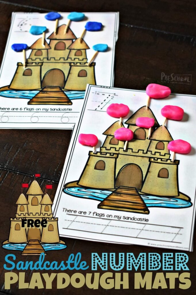 Work on counting and tracing numbers for kids with this fun sandcastle activity for kids! Using hte sandcastle printables children will add the correct number of playodough flags and work on number tracing for kindergarten. This summer math is such a fun, hands-on way for preschool, pre-k, and kindergarten age children to practice numbers 1-15. Simple print pdf file with sandcastle worksheets and you are ready to play and learn with a summer activity for preschoolers.