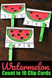 FREE Watermelon Count to 10 Clip Cards- this free printable, LOW PREP activity is a fun way for preschool, prek, and kindergarten age kids to practice counting with a cute summer theme #preschool #counting ##mathactivity