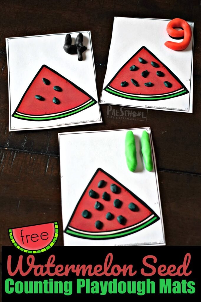 If your child is working on counting to 10 or counting to 20 they will love this super cute, hands-on summer math activity! Simply print pdf file with watermelon printables to grab the summer playdough mats. Now use playdough to add the correct number of seeds to the red watermelon slices and form the numbers 1-10. This summer activity for preschoolers, toddlers, and kindergartners is a great way to sneak in some fun watermelon math to avoid the summer learning loss! 