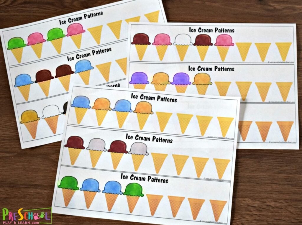 Free printable ice cream worksheets to help preschoolers learn patterns for kids.