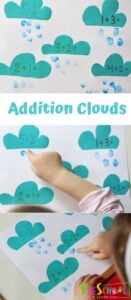 Addition Clouds - this is such a fun preschool hands on math activity that allows them to count while adding the numbers 1-10. This is perfect for a spring theme math center #preschool #preschoomath #addition