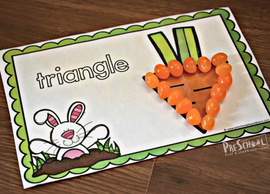 shape activity with jelly beans; featured is a triangle carrot made out of orange jelly belly