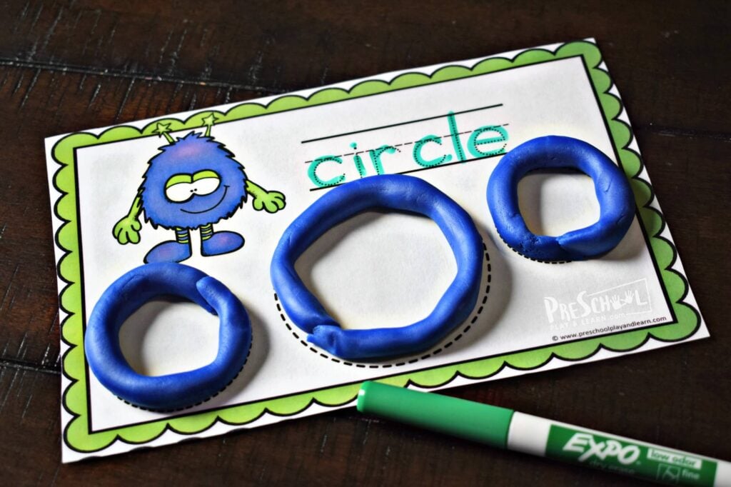 now use a dry erase marker to trace the shape name on the shape printables for preschoolers