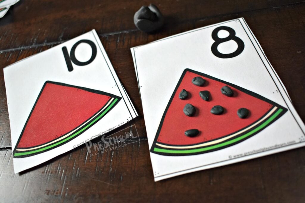 Simple watermelon counting activity with playdough mats