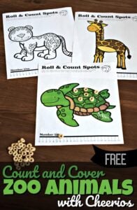 FREE Count and Cover Zoo Animals with Cheerios - such a fun math game for toddler, preschool, and kindergarten age kids to practice one to one correspondence and a number line #preschool #counting #mathgames