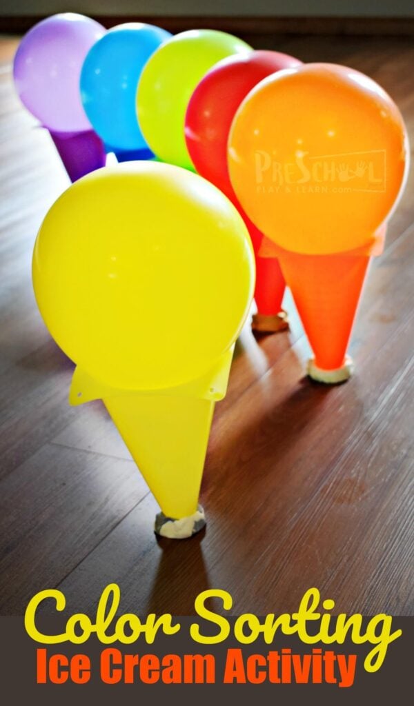 Kids will have fun practicing sorting colors with this hands-on ice cream activity! This simpl ice cream activities for preschool is great for gross motor play while children Learn Colors with Ice Cream Cone Scoops. In this balloon activity for preschoolers, toddler and pre-k students will work on color matching the ice cream scoop into the same color cone. This summer activity for preschool uses HUGE ice cream safety cones and balloon scoops for a truly fun and memorable color activity for kids.
