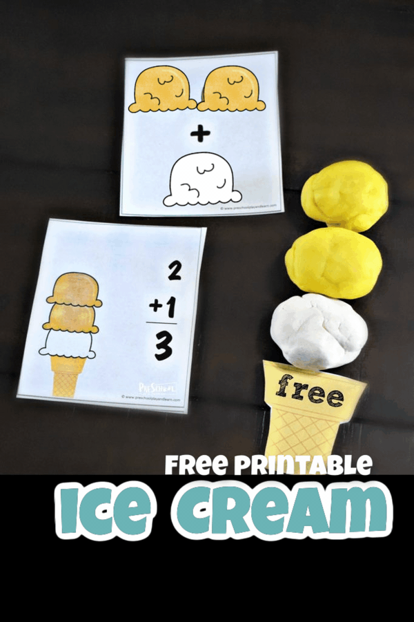 Sneak in some outgrageously FUN summer math with this hands-on ice cream activity. This ice cream math has preschool, pre-k, and kindergarten age children practice adding up scoops of ice cream to find the sum. All you need are the ice cream printables with the task cards and playdough. This summer printables helps introduce preschoolers to the concept of addition while having fun with playdough! Simply download pdf file with ice cream math games and you are ready to play and learn with this summer activity for preschoolers.
