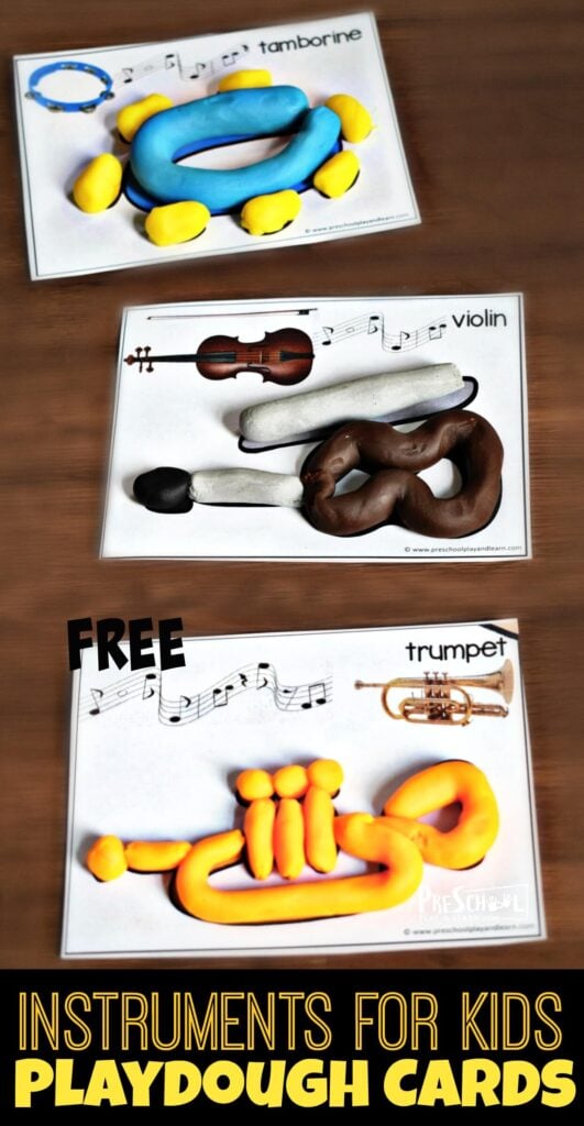 Kids will have fun learning about musical instruments with this fun, hands-on activity using these free playdough mats. Each of the twelve different musical instruments have a play doh mat  with a play dough template, instrument name, and read world picture. This is great for toddler, preschool, pre-k, kindergarten, first grade, and 2nd grade students.