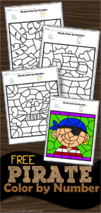 FREE Pirate Color by Number - super cute preschool worksheets to help perschoolers and kindergarten age kids practice number recognition with numbers 1-10 with color by number worksheets #colorbynumber #piratetheme #preschool