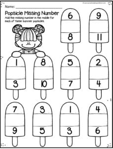 Popsicle Missing Number Summer Math Worksheet for preschool and kindergarten