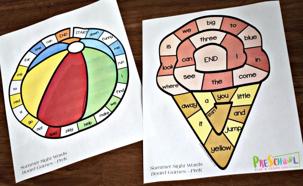 Several free printable summer board games to practice preschool sight words