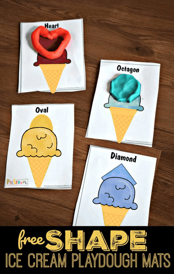 Kids will have fun practicing forming shapes while strengthening hand muscles with these ice cream playdough mats! With these free ice cream printables, children will form shape ice cream cones out of playdoh for a fun shape activity for preschoolers, toddlers, and kindergartners. This is perfect for parents, teachers, and summer camps to use as a summer preschool activity. Simply print ice cream printables pdf file and you are ready to play and learn with this ice cream preschool activities.