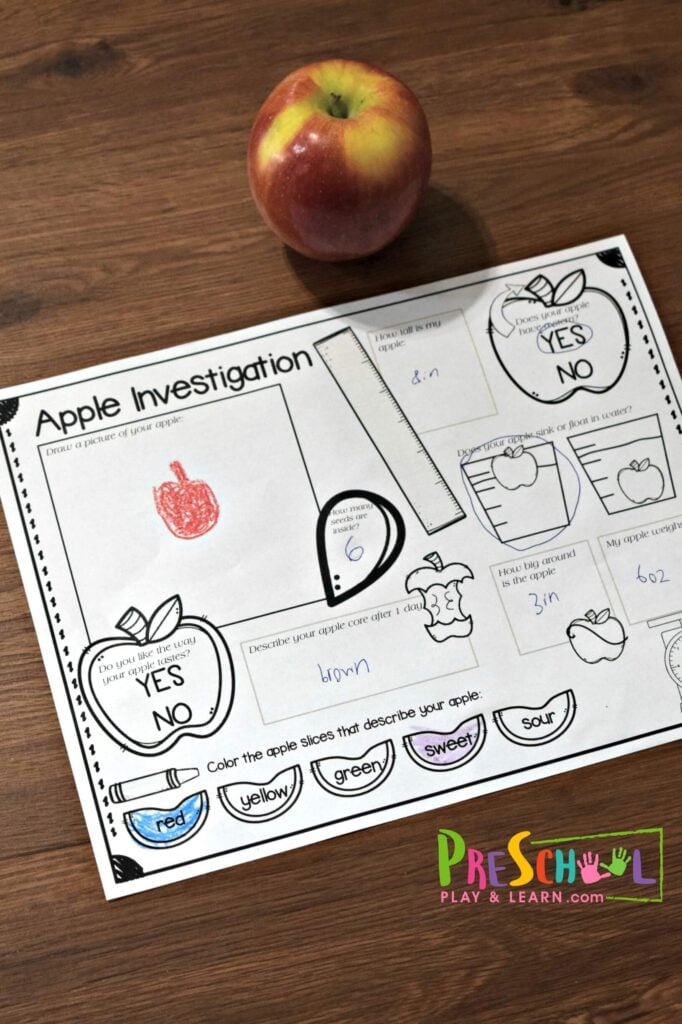 Free science printable for kids to record Apple Science Experiments for Preschoolers