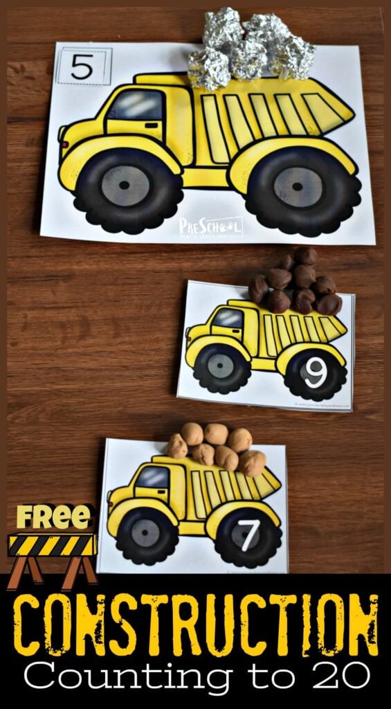 FREE Construction Counting to 20 - super cute number mats to help toddler, preschool, and kindergarten age kids practice counting 1-20. These number playdough mats are a fun, hands-on math activity for preschoolers who love dump trucks. #preschool #playdoughmat #counting