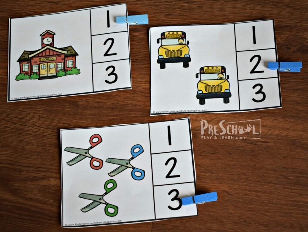 Count the schools, school buses, scissors and other school supplies in this frist dya of school printable math activity for preschoolers