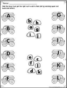 practice matching upper and lowercase letters in this construction theme alphabet worksheet