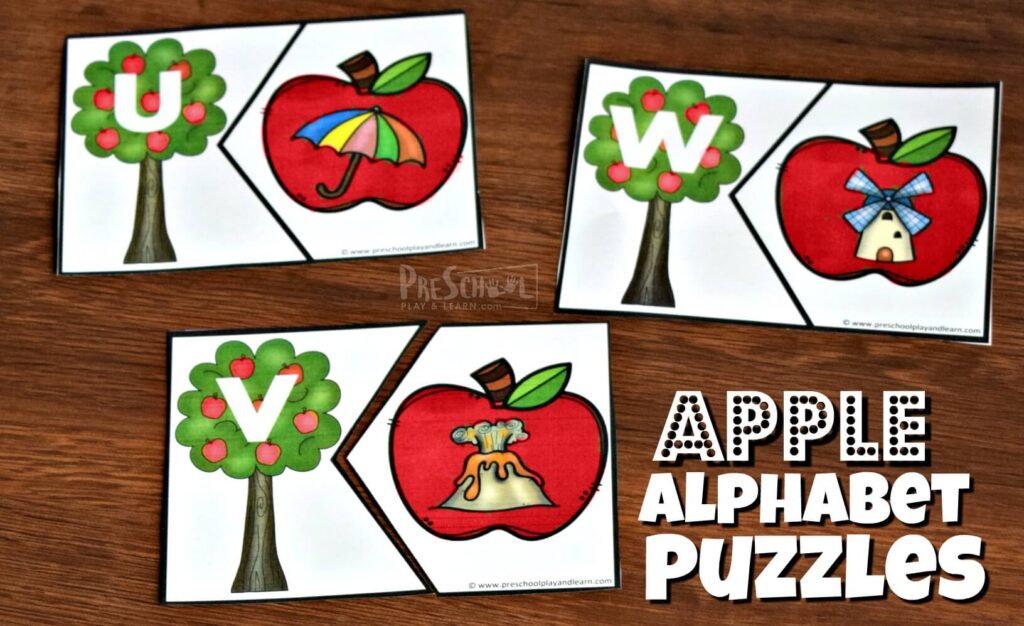 Free Printable Apple ABC Puzzles matching letters and pictures with same beginning sound