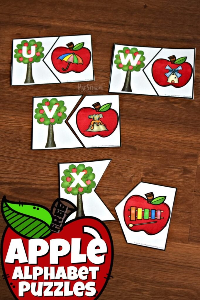 FREE Apple Alphabet Puzzles - this is such a fun phonics activity to help kids practice matching letters with a picture of the same beginning sounds #alphabet #preschool #kindergarten