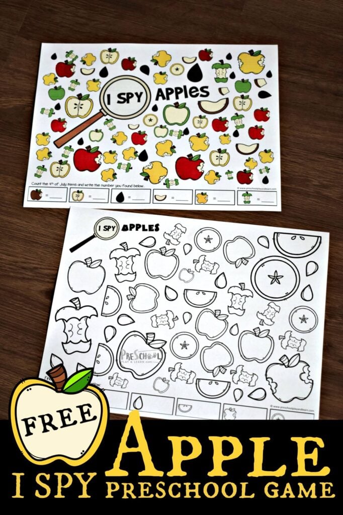 FREE Apple I Spy Preschool Game - super cute math activity for preschoolers to practice counting to 10 and counting to 20 while working on visual discrimination with an apple theme #appletheme #preschool #counting