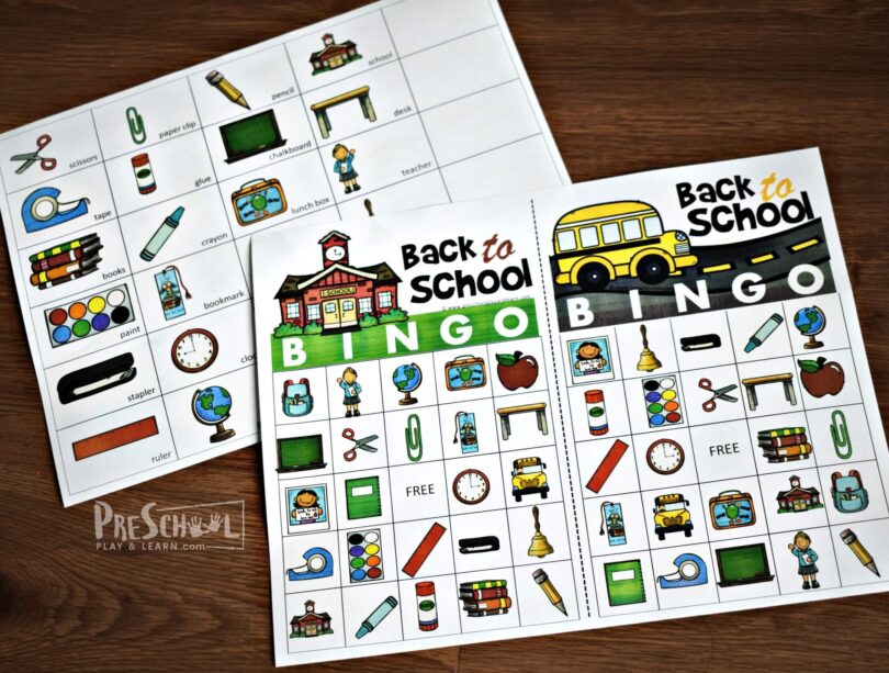 Celebrate the first day of school with this super cute, free printable back to school bingo. This fun back to school game is perfect for easing into learning with toddler, preschool, pre k, kindergarten, first grade, and 2nd grade students while working on visual discrimination, increasing vocabulary, and having FUN! 