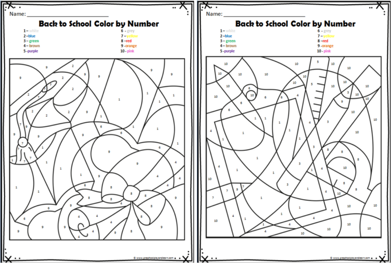 Grab these super cute, free printable back to school color by number to work on number recognition, strengthening fine motor skills, and having fun on the first day of school with preschool, pre k, kindergarten, and first grade students. These free color by number worksheets are such a fun activity sheet for preschoolers. 