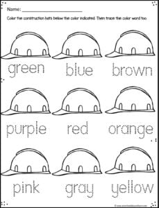 Practice color recognition and color words with this construction worksheet