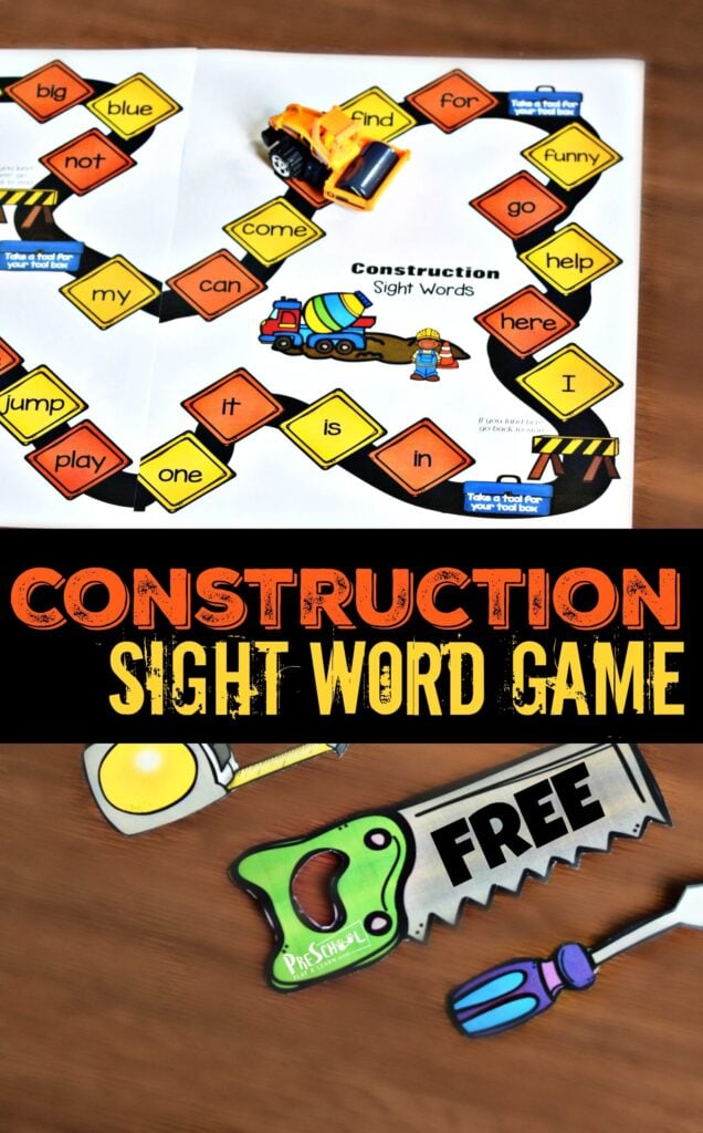 FREE Construction Sight Word Game - kids will have fun practicing preschool sight words with this fun, free printable game for prek, kindergarten, and preschoolers! #sightwords #preschool #prek