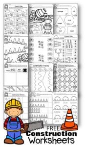 FREE Construction Worksheets for Preschoolers - super cute and free printable math and literacy worksheets to help preschool, prek, and kindergarten age kids practice counting and alphabet letters matching upper and lowercase letters with a fun preschool theme. #construction #preschool #worksheetsforkids