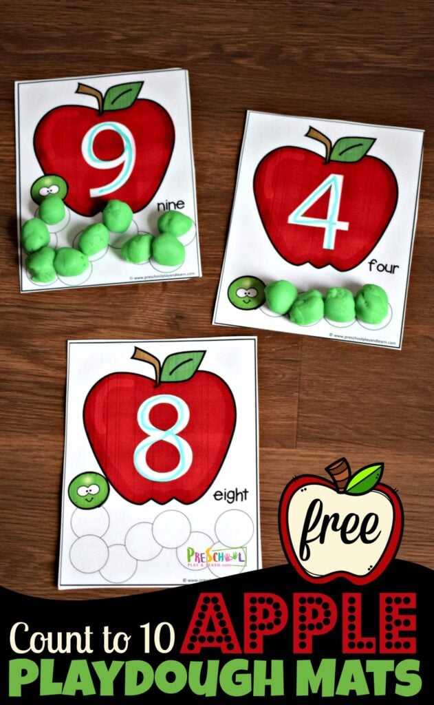 Kids will have fun practicing counting to 10 with this fun, hands-on counting activity for toddlers, preschoolers and kindergartens. These apple playdough mats are perfect for an apple themed math activity that helps strengthen hand muscles at he same time!