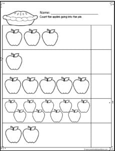 Kids will have fun counting and writing numbers with these apple counting worksheets